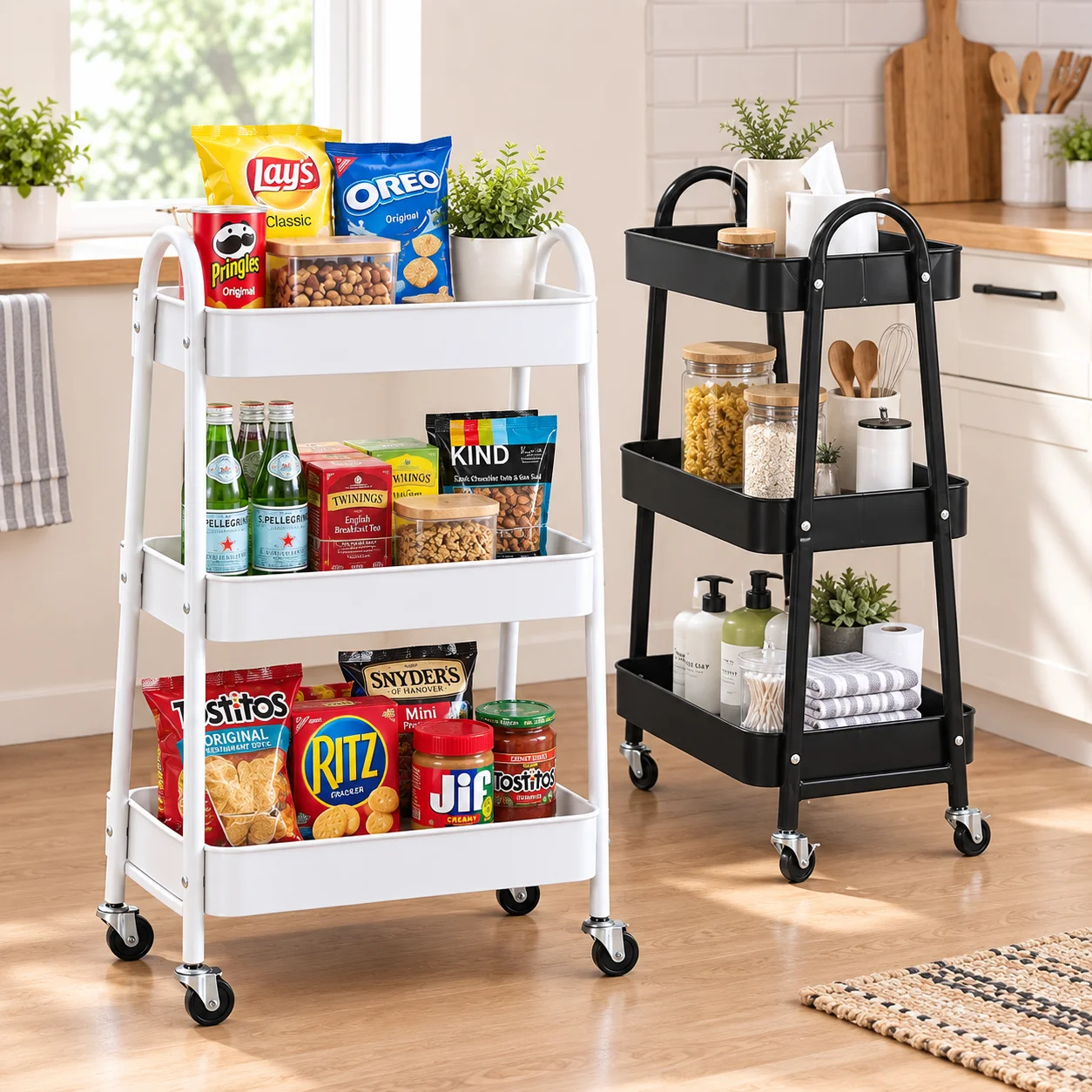 3 Tier Rolling Cart Metal with Wheels, Three Tiered Carts on Wheels Utility Roller Storage Shelf Organizer