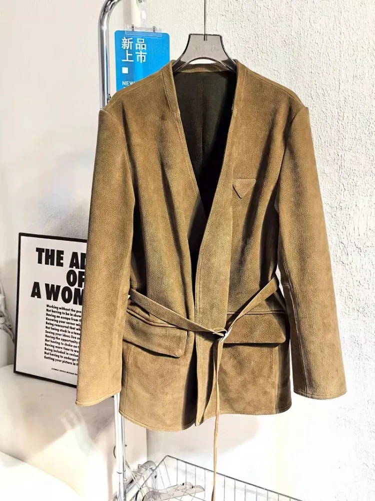 Chaqueta Vintage de cuero genuino para mujer, fajas Reversibles con cuello en V, chaquetas de traje elegantes, prendas de vestir medio largas de piel de oveja de ante de alta calidad