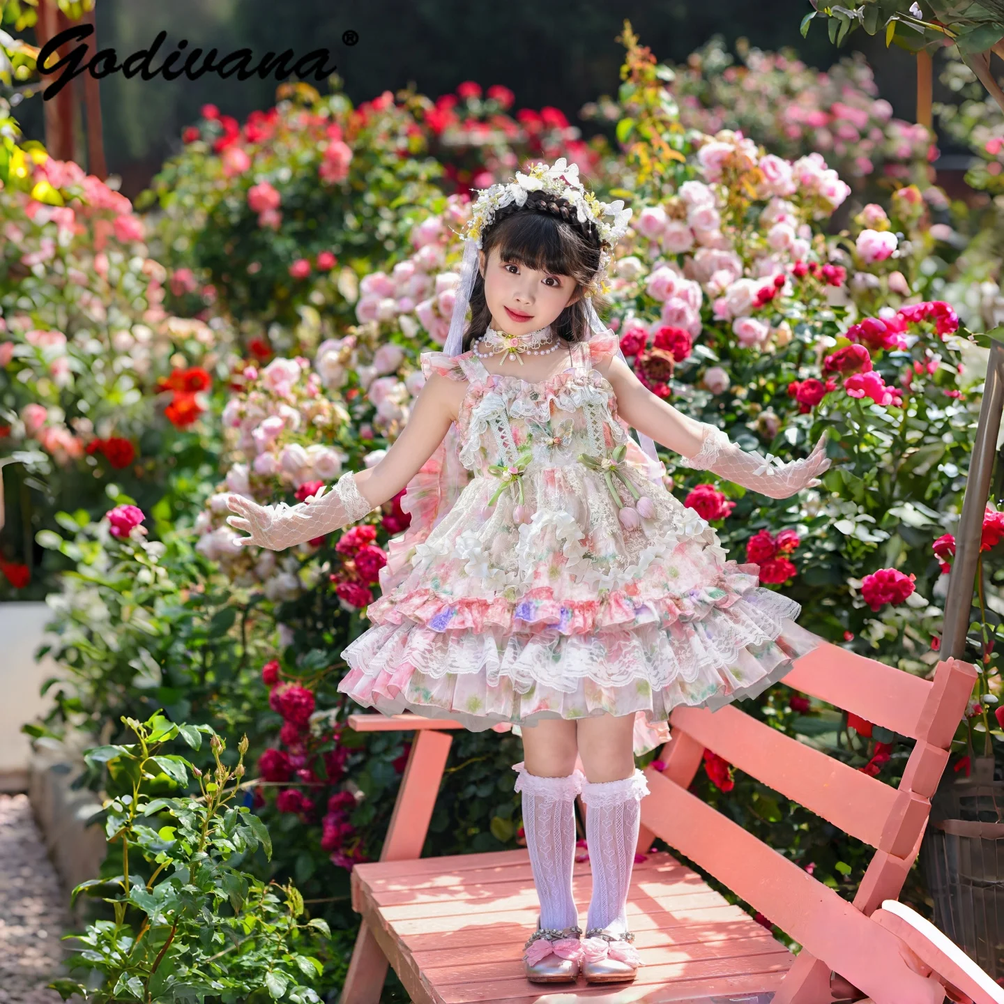 Sweet Baby Girls Lolita Fairy Princess Straps Dress New 2026 Summer Pink Tulle Ruffle Trim Birthday Party Performance Ball Gown