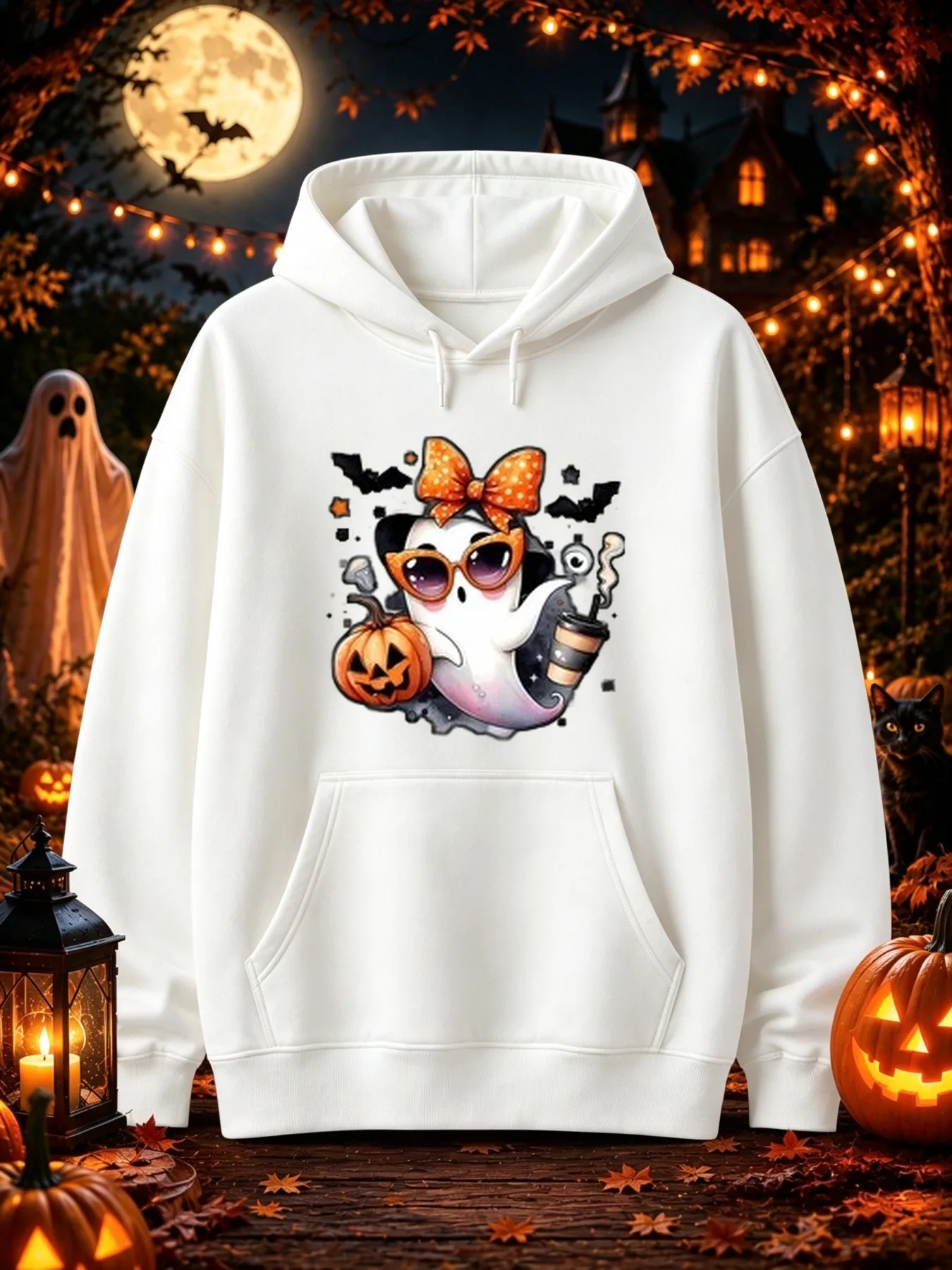 Men's Pattern Hoodie: Cute Floating Ghost with Orange Polka Dot Bow and Cat Eye Sunglasses, Holding Halloween Candles, Halloween Special Edition Vintage Street Style Sweater, Trendy Casual Fall Suit