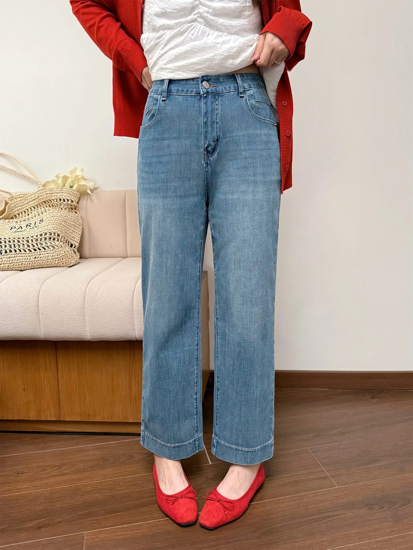 

plus Size Women's Casual Straight Leg Jeans High Waist Cotton Stretch Denim Pants Comfortable Fit for Plump Sister Nine Points