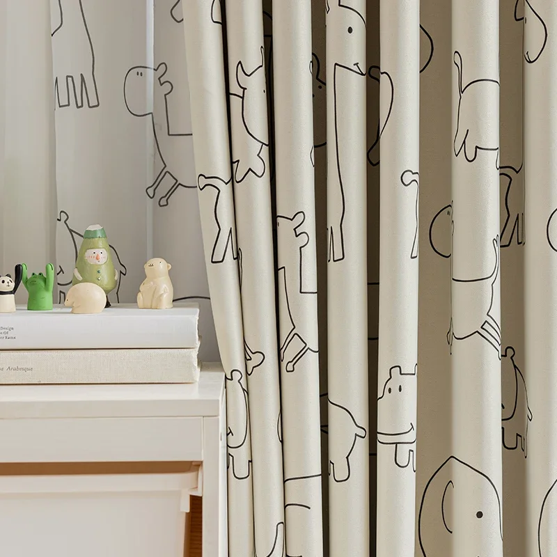 Cartoon Zoo Beige Blackout Curtains For Kids Room ,Cute Kids Curtains For Bedroom Boy Girl,Baby Curtains For Bedroom Black Out