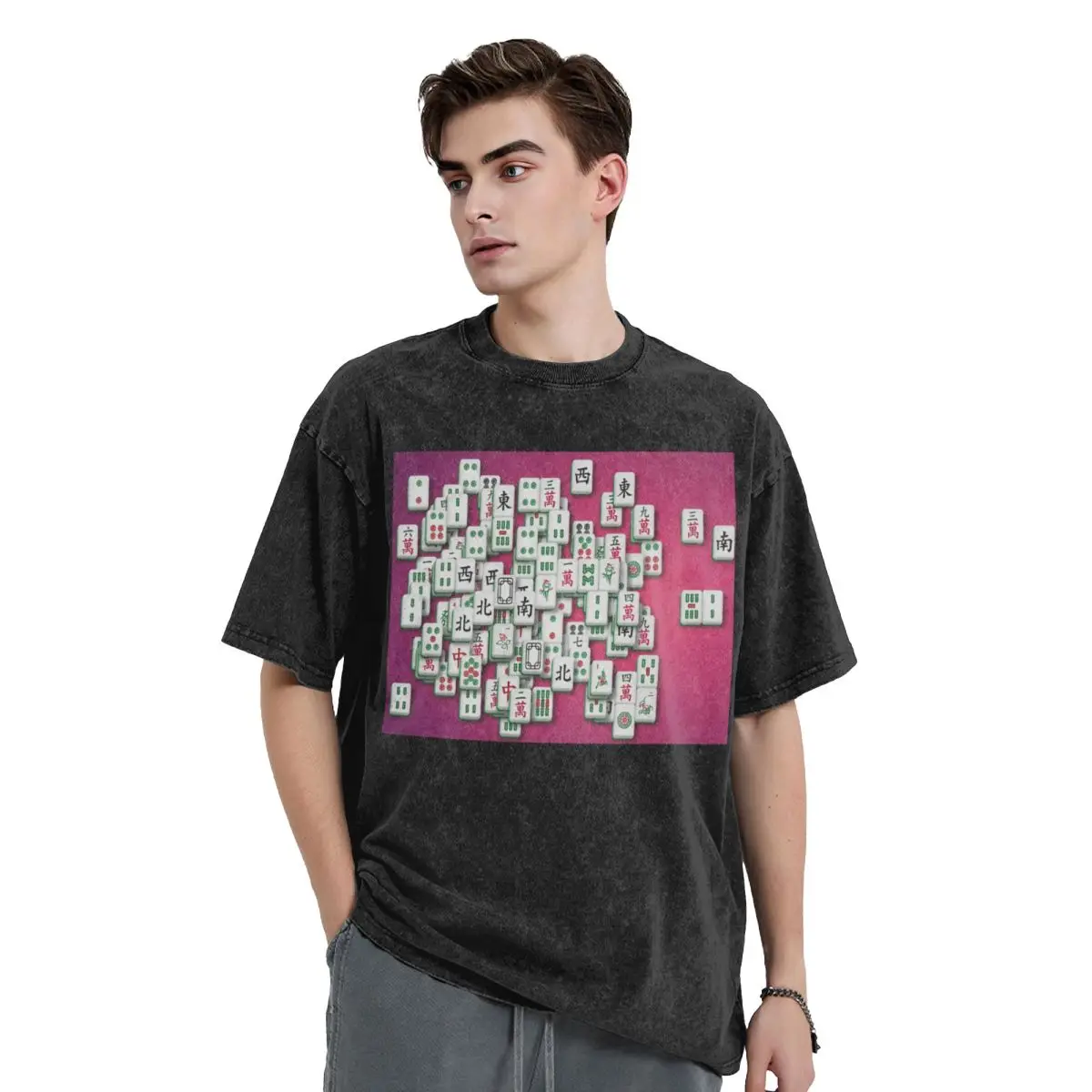 Mahjong Tile Pattern 4 Washed T Shirts Printed Short Sleeve Hip Hop T-Shirt Streetwear Tops Tees for Men Women