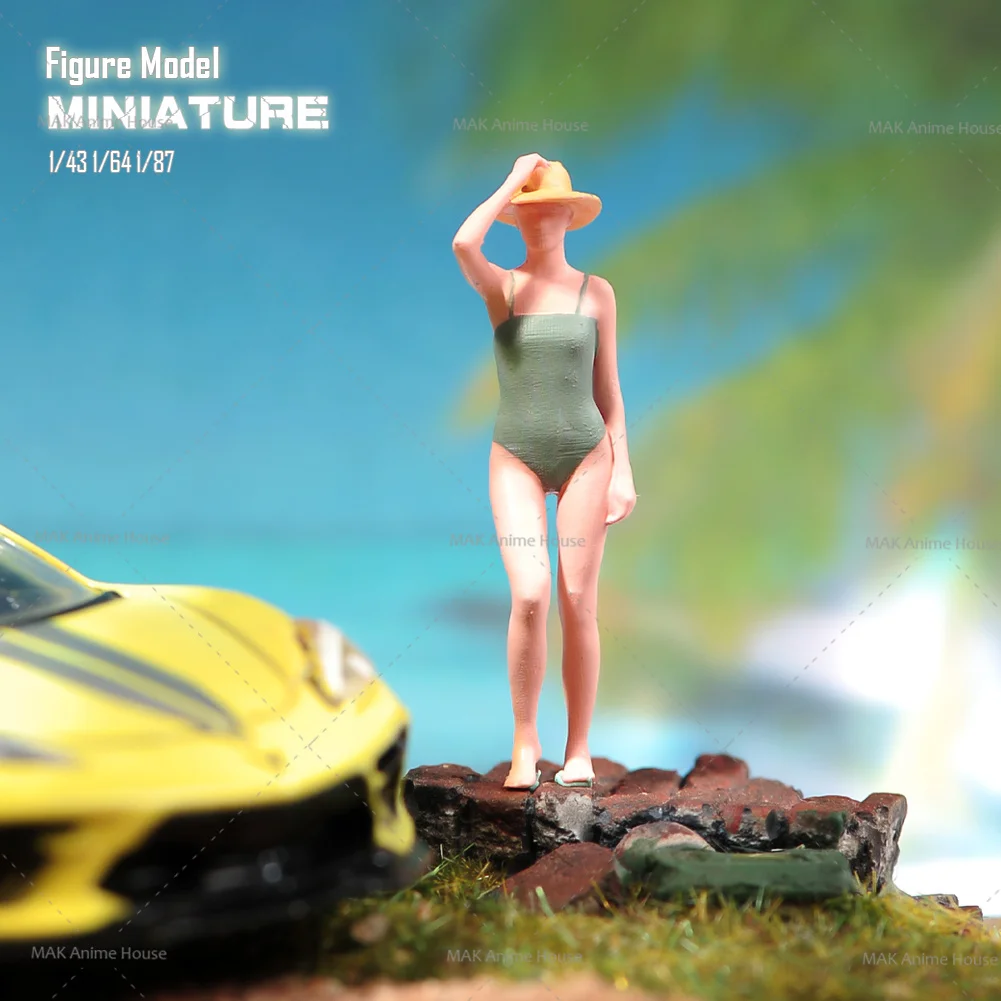 Miniatures 1/64 1/43 1/87 Bikini Swimsuit Beauty Sun Hat Photo Figure Doll Unpainted Model Home Decoration Scene Car Toys