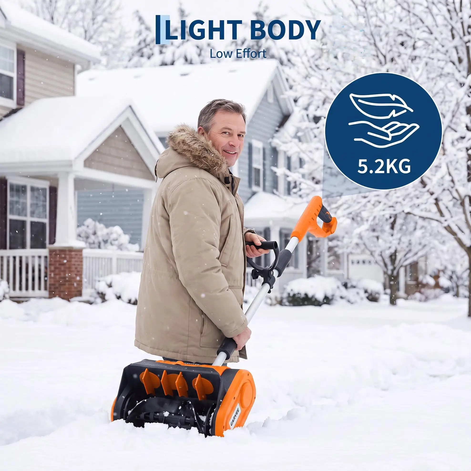 Electric Snow Shovel 12 Inch, 350W Handheld Snow Blower for Driveway Steps Patio, Lightweight Telescopic Handle, Orange