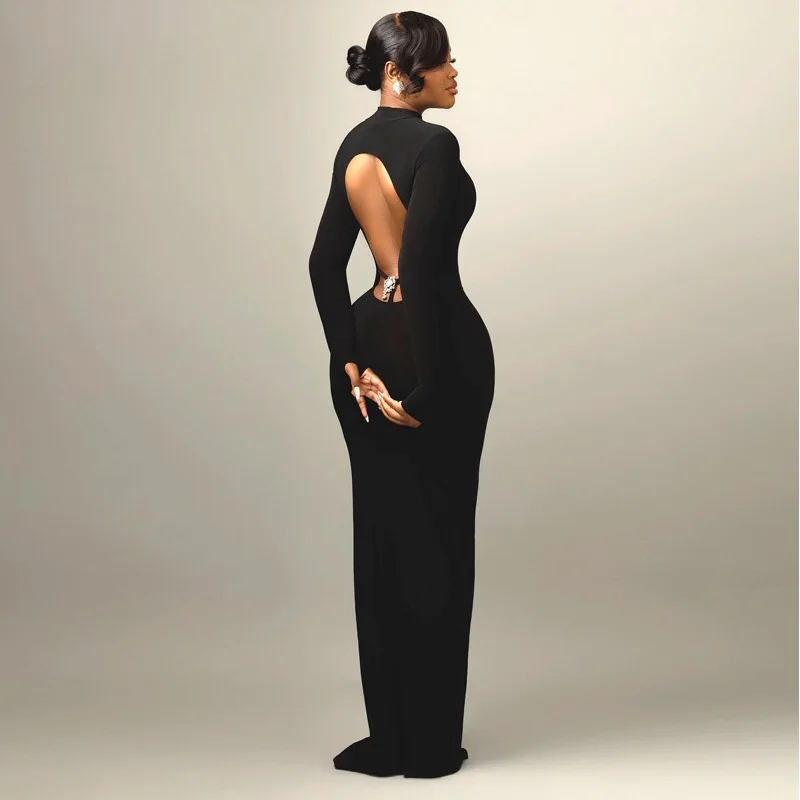 Elegant Sexy Women Dress Black Color Full Sleeve Hollow Out Back Slim Bodycon Long Maxi Dress Ladies Culb Party High Street