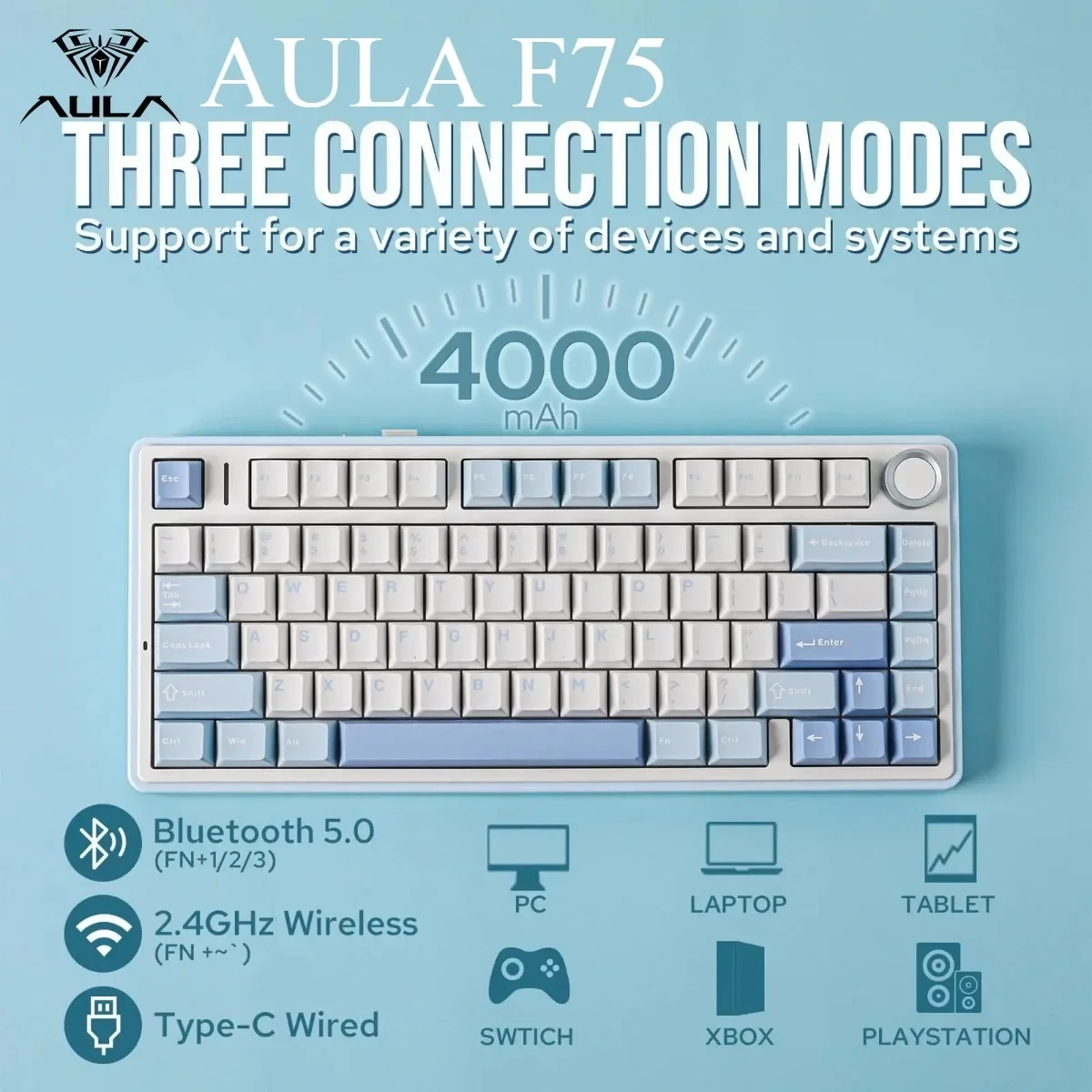 F75 AULA Keyboard Wireless Bluetooth Mechanical Keyboard 75% Layout OEM Profile Gasket Structure RGB Customized Gaming Keyboard