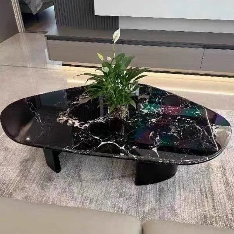 طقم طاولة قهوة من الرخام مع قاعدة من الفولاذ المقاوم للصدأ وطاولة قهوة إيطالية حديثة وطاولة مركزية حجرية #2