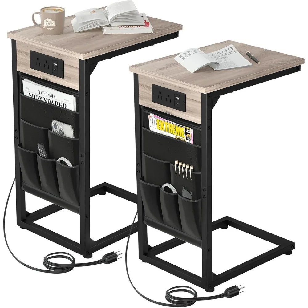 

C Shaped End Table with Charging Station, TV Tray Set of 2, Couch Tables with Storage Bag, Slide Under Sofa Side Table with USB