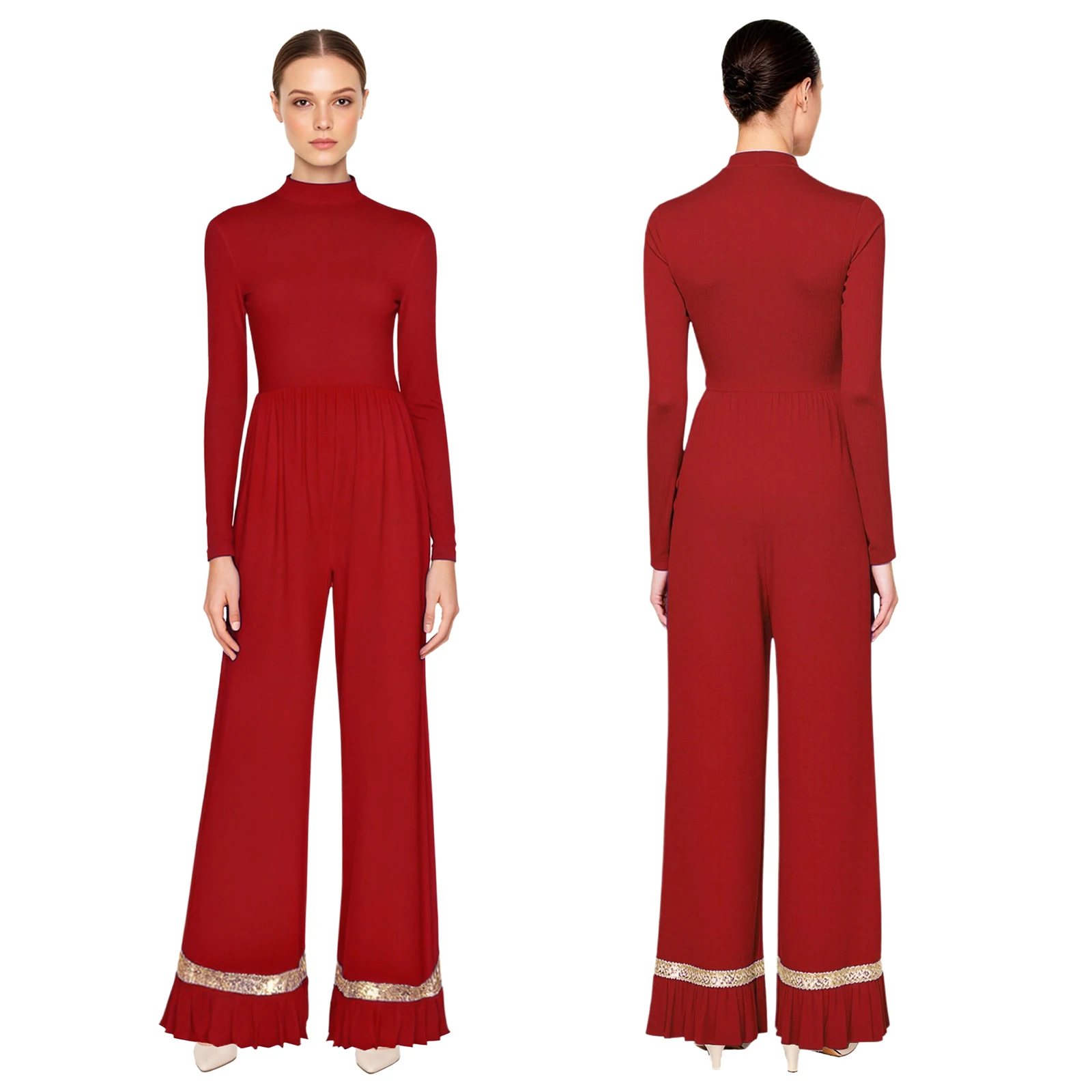 女性用叙情的なダンス衣装 長袖ロンパース ジャンプスーツ 賛美ダンスドレス 礼拝用チュニック 教会礼拝聖歌隊パフォーマンス