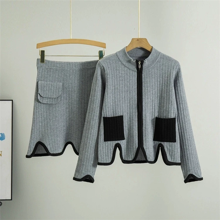 

New Knitted Zipper Sweater And Skirt Set Women's Fashion Ensemble Long Sleeve Stand Collar Autumn Wear for Adult Ladies