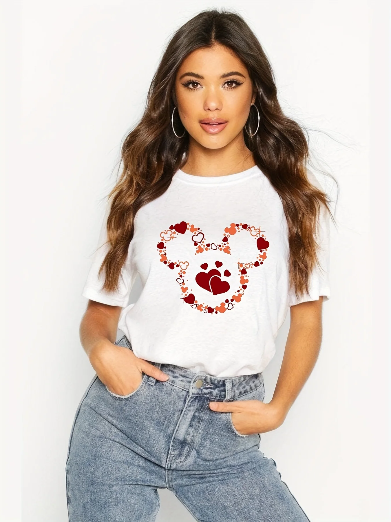 ハート＆マウスプリントTシャツ】リラックスフィット通気性ハート＆マウスプリントレディースカジュアルTシャツ - スポーツ用半袖Tシャツ