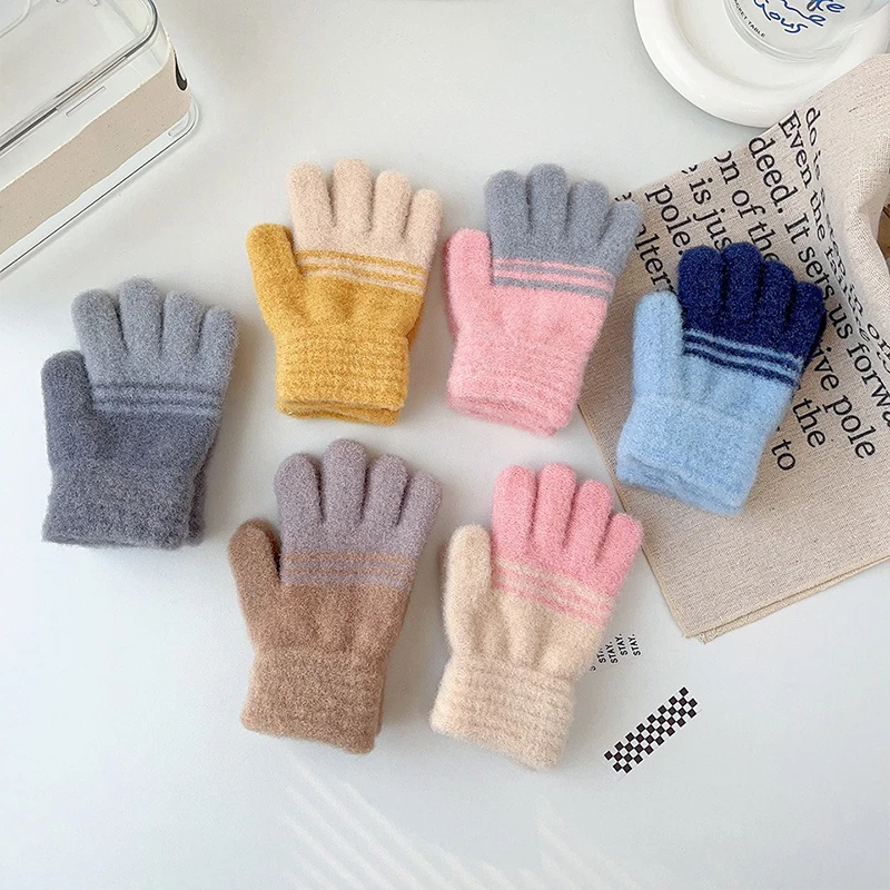 Cute Stripe Winter Kids Girl Boy Knit Gloves Soft Warm Hand Plush Glove Mittens Children Warmer Handwear 2-6 Years Old