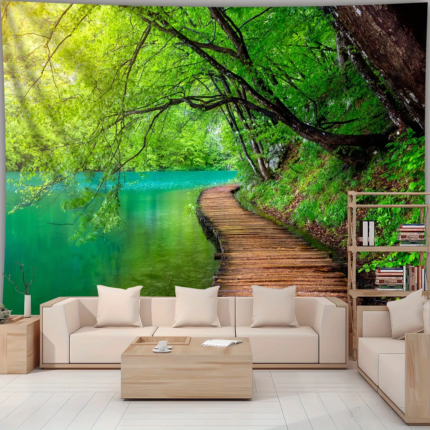Peaceful Lake View Tapestry, Wooden Path through Forest and Water, Relaxing Nature Art Decor for Home Dorm Background