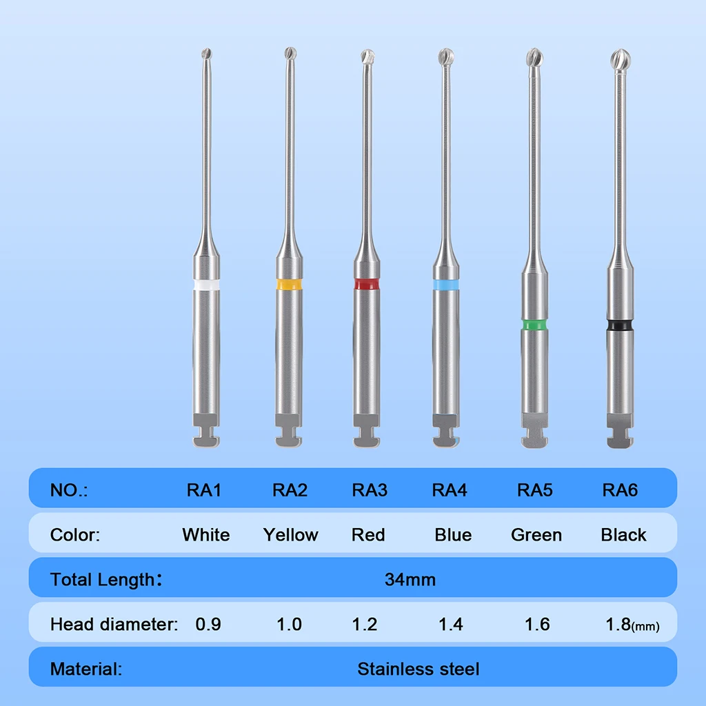 6 Stück/Box Zahnärztliche Bohrer mit Langem Schaft für Mikroskop-Endo-Rundbohrer RA1-6 34mm Edelstahl für Langsamlaufende Handstücke Zahnmedizinische Instrumente – Detail 3