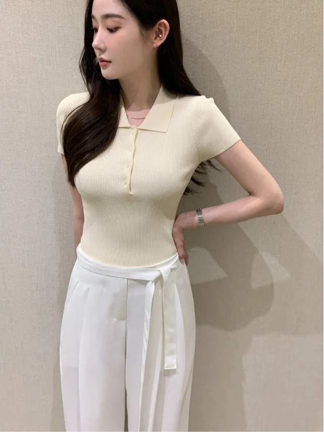슬림 피트 폴로 넥 반팔 니트 셔츠 기본 스타일 여름 새로운 도착 우아한 품질 폴리 에스터 섬유 숙녀 탑