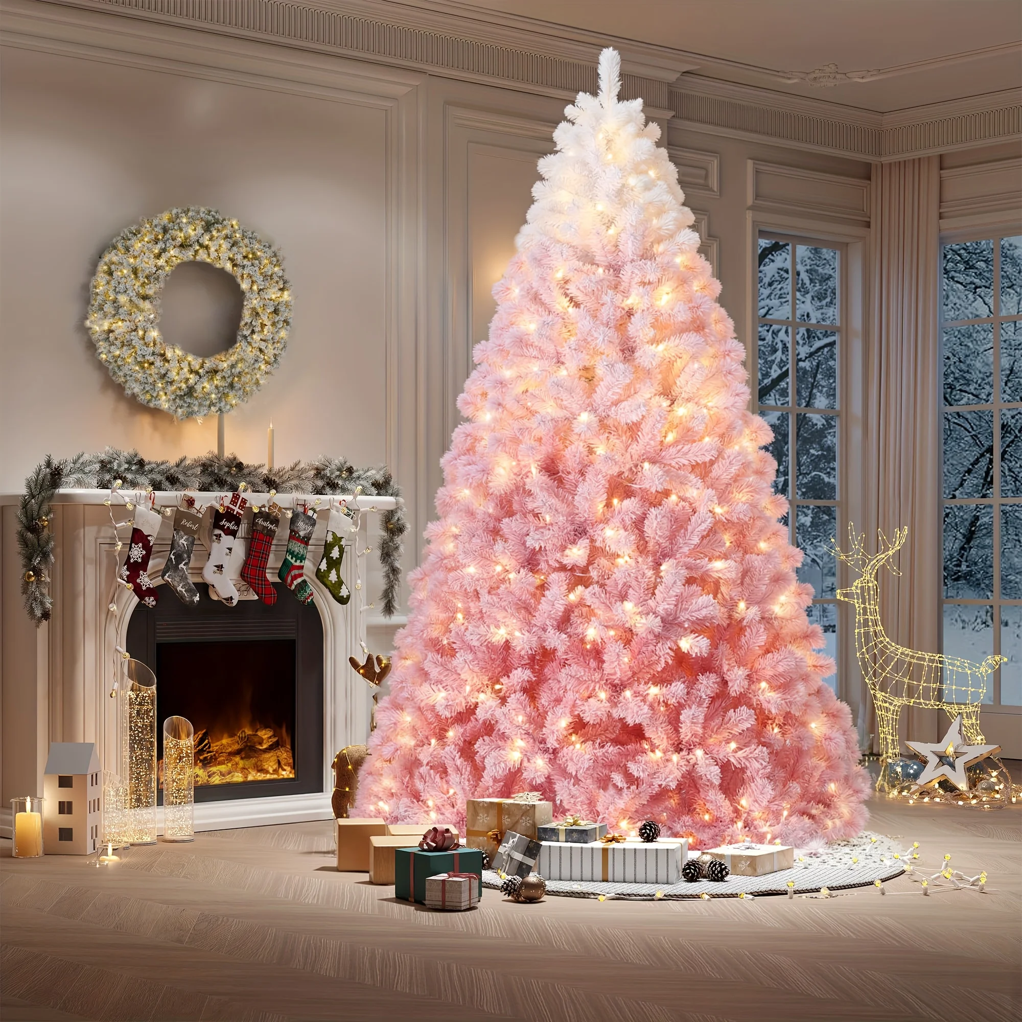 

Pink & White Flocked Artificial Christmas Tree Lights-Slim Space-Saving Design,Foldable Metal Base,Flame-Retardant PVC Branches