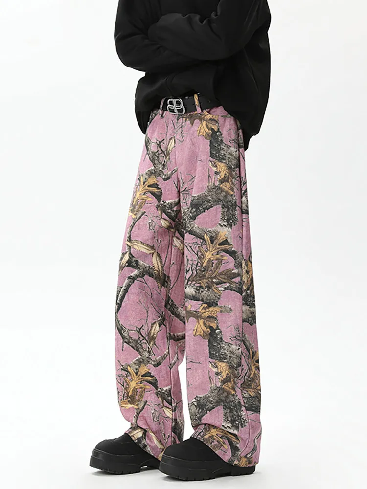 Spring and Autumn New American Retro High Street Style Men's Pink Branch Graffiti Print High-Waisted Loose Wide-Leg Jeans