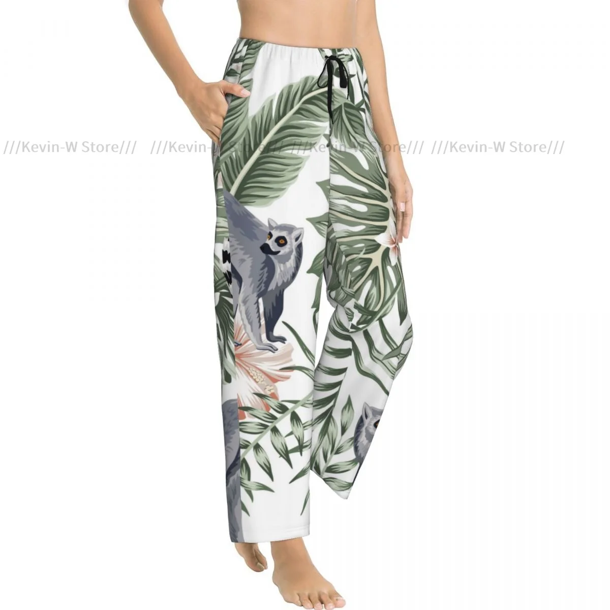 Women Tropical Vintage Animal Lemur Plumeria Hibiscus Flannel Pajama Pants Soft Warm Sleep Pants Cozy Winter Loungewear