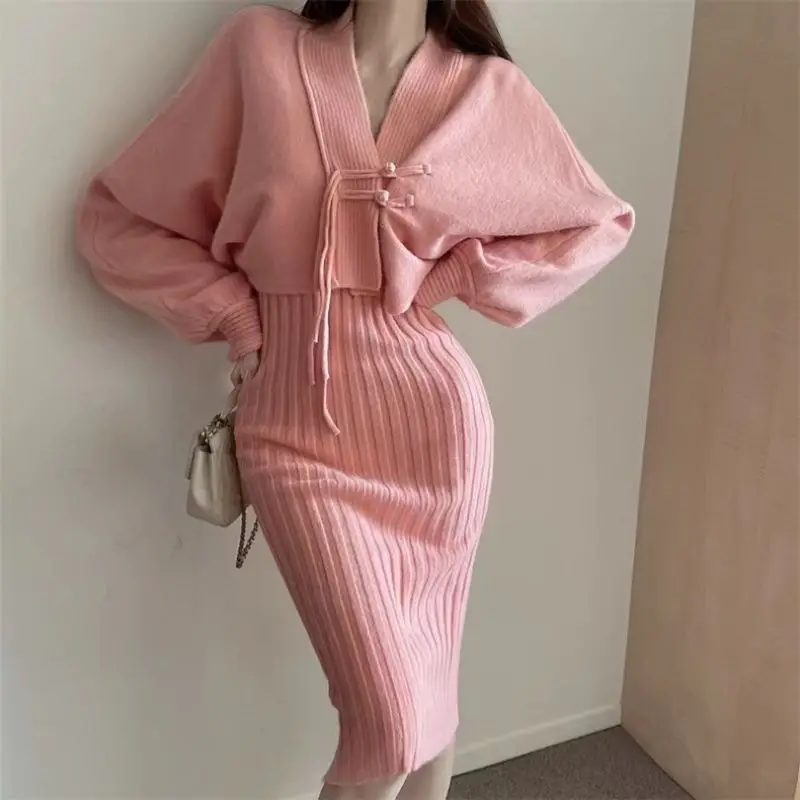 Autumn and winter knitting suit women\'s short sweater shawl coat suspender dress two-piece set