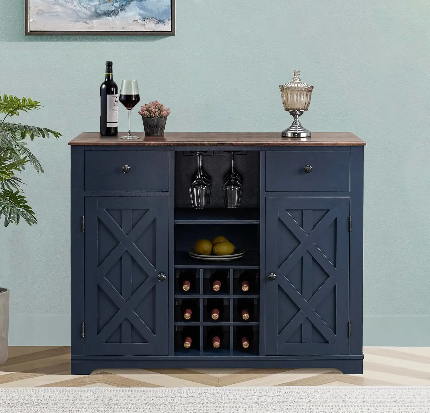 42 Inch Wine Cabinet with Doors, Drawers, Glass Rack, Countertop, Shelves, Kitchen Bar Buffet for Dining Room, Customized