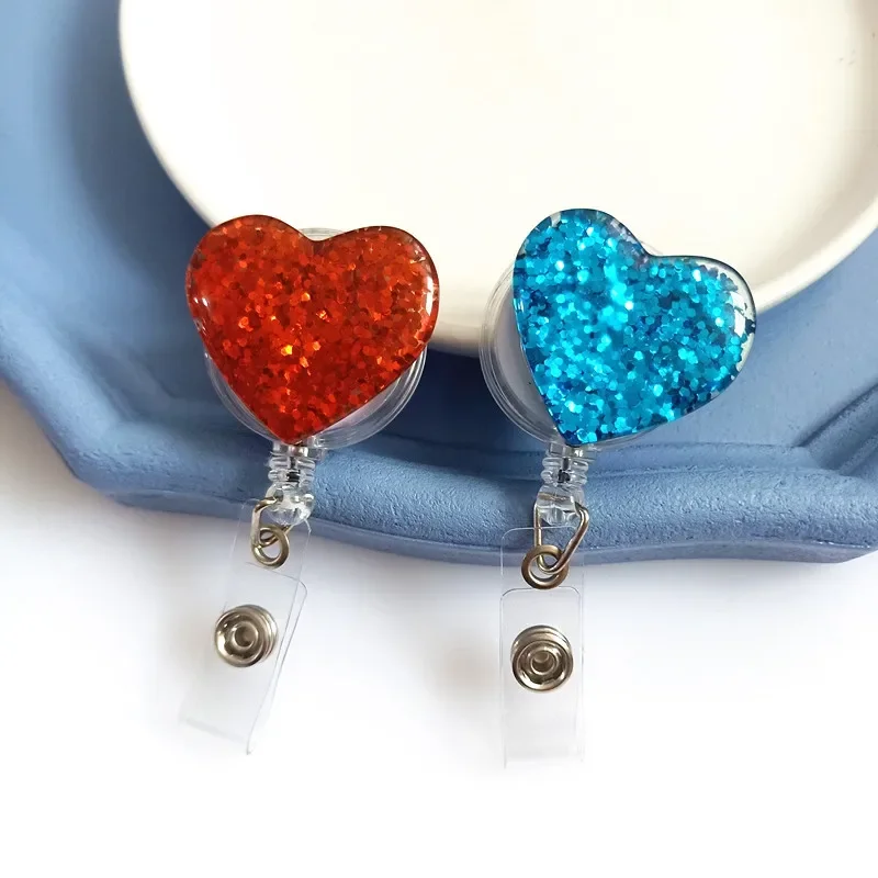 1Pc Chest Name Tag ID Card Clip Badge Reel Heart Style Retractable Resin Plastic Working Permit Case Clips Easy To Pull Keychain