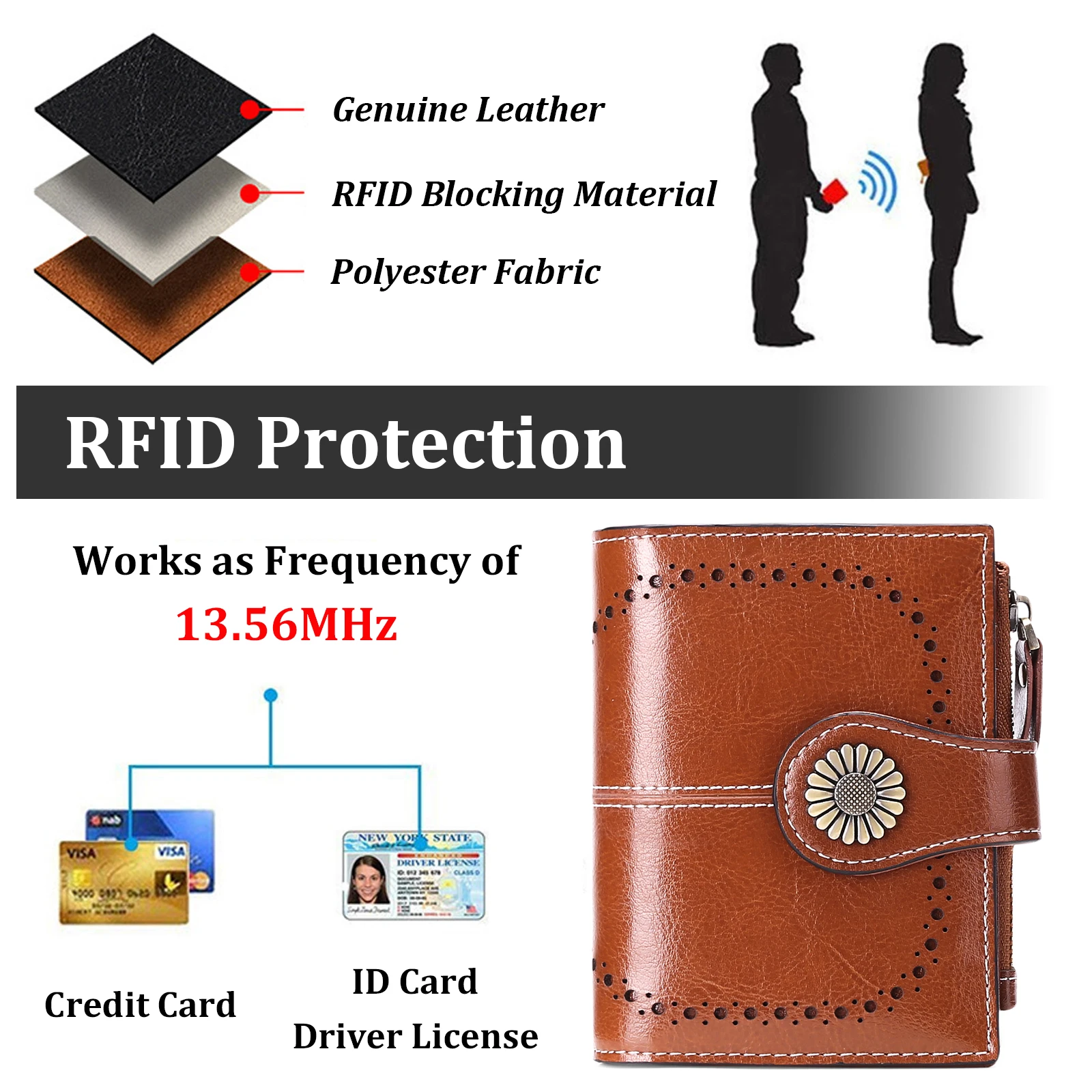 Vintage Damen Geldbörse aus echtem Ölwachs-Rindsleder mit RFID-Schutz, 16 Kartenfächern, Gänseblümchen-Schnalle, kurzer Geldbeutel mit Reißverschluss-Münzfach – Detail 1