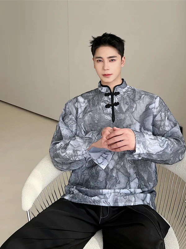 

Spring 2025 Men's Long Sve Button-Up irt New Chinese Sle Loose Fit Youth Faion Water-Media Painting Design Casual Wear