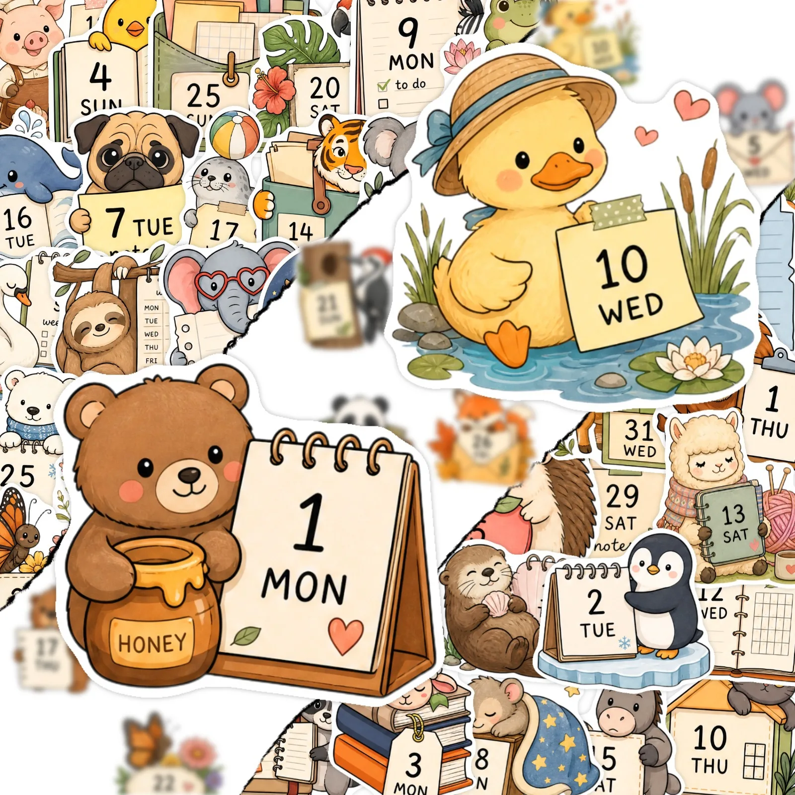 50Pcs Waterproof Vinyl Cartoon Animal Calendar Stickers DIY Creative for Journals Notebooks Phone Cases Scrapbook