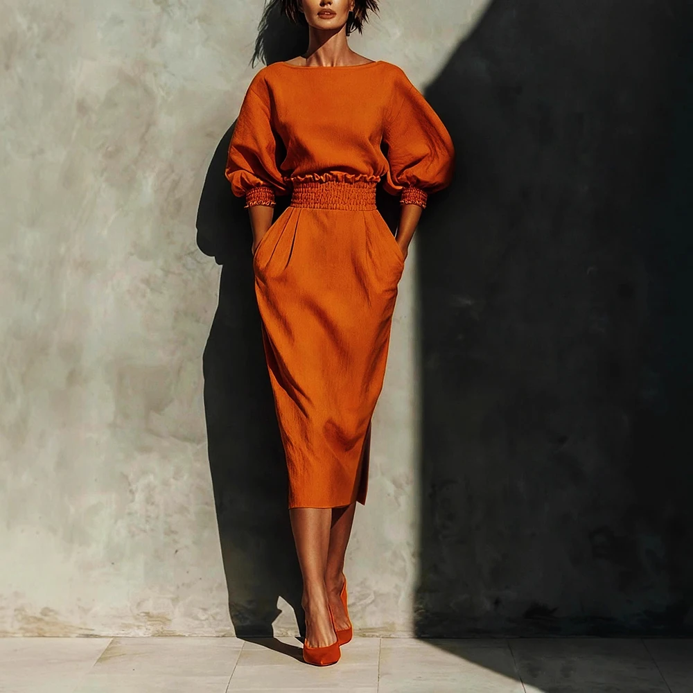 

Women's Elegant Fake Linen Lantern Sleeve Blouse 2-Piece Set Solid Loose Top With Elastic Ruffle Trim Split Hem Midi Skirt Suits