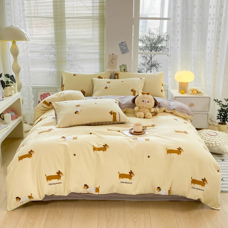 Kawaii Dachshund Duvet Cover Twin 3 PCS Cotton Cartoon Dog Puppy Bedding Set Reversible Stripe Comforter Cover for Kids Girl Boy