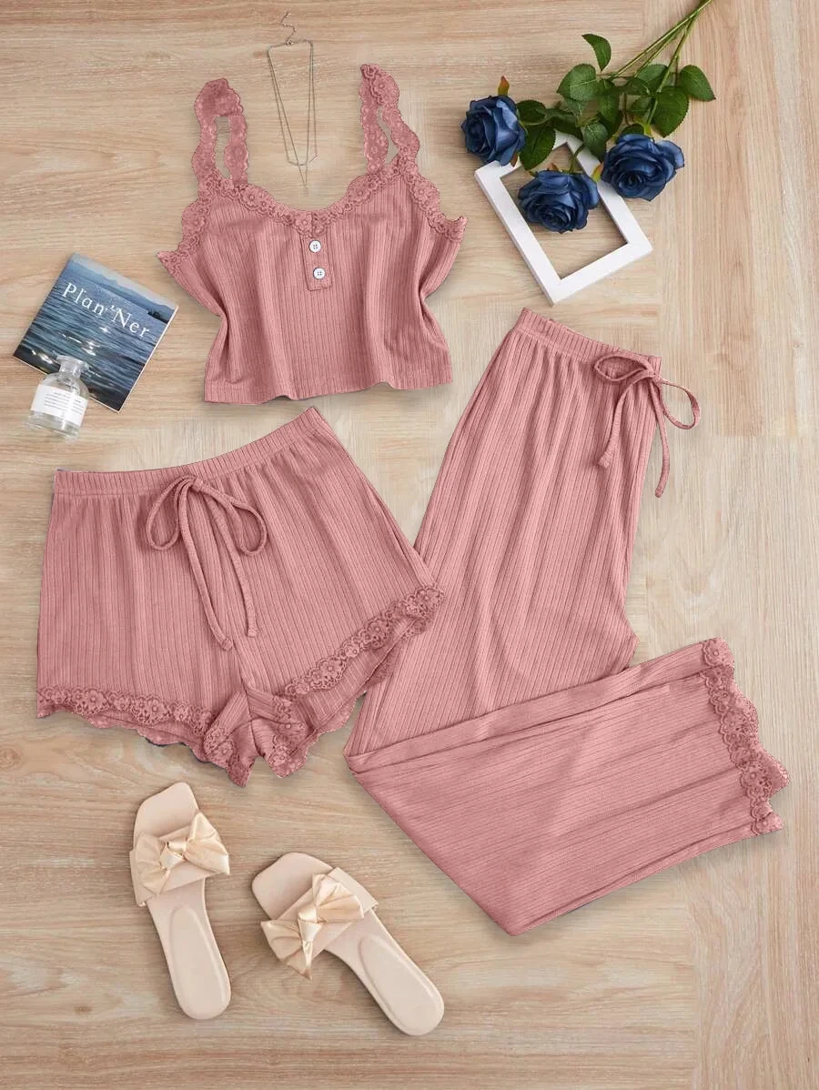 Ladies Autumn and Winter Three-Piece Pajamas Set Including Vest Shorts and Long Pants, Lace Camisole sexy Home Pajamas Set image 5