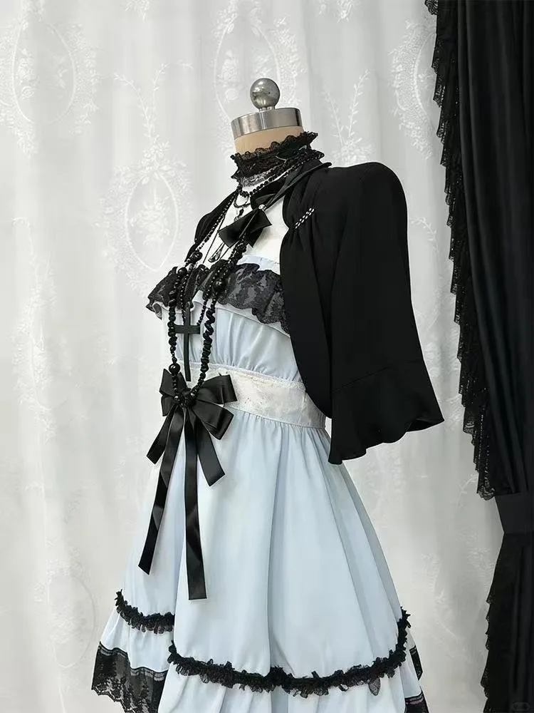 Gothic Punk Fashion Cute 2 Piece Set Women Lolita Bow Design Blue Dress + Black Cardigan Harajuku Vintage Casual Outfits Summer view 6