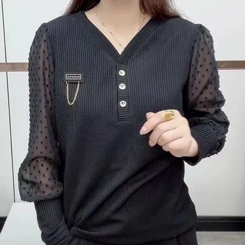 Black Ribbed V Neck Blouse with Sheer Polka Dot Puff Sleeves and Button Detail Women Casual Loose Fit Top