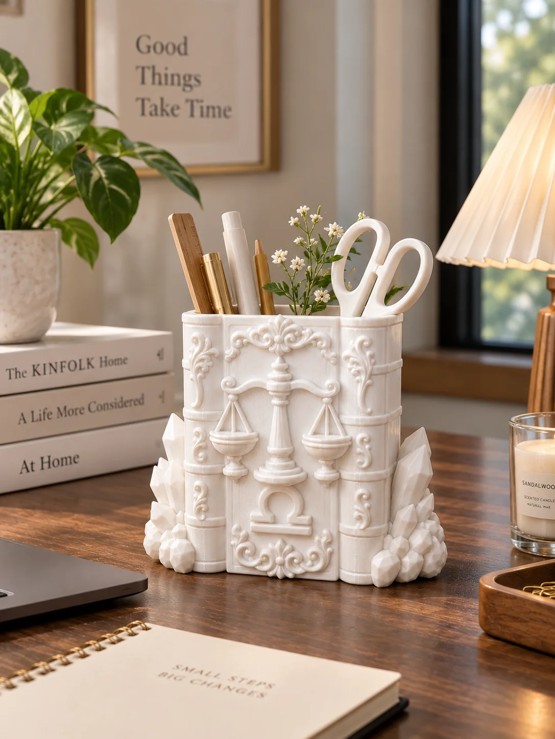 Large Capacity Libra Justice Scale Book-Shaped Desktop Organizer, Embossed Crystal Decoration Matte White Stationery Storage Tube, Stable and Durable Base with Wide Opening, Multi-Purpose Pen Holder, Makeup Brush Storage Box, Space-Saving for Office and Study, Practical Desktop Decoration for Home, Creative Gift