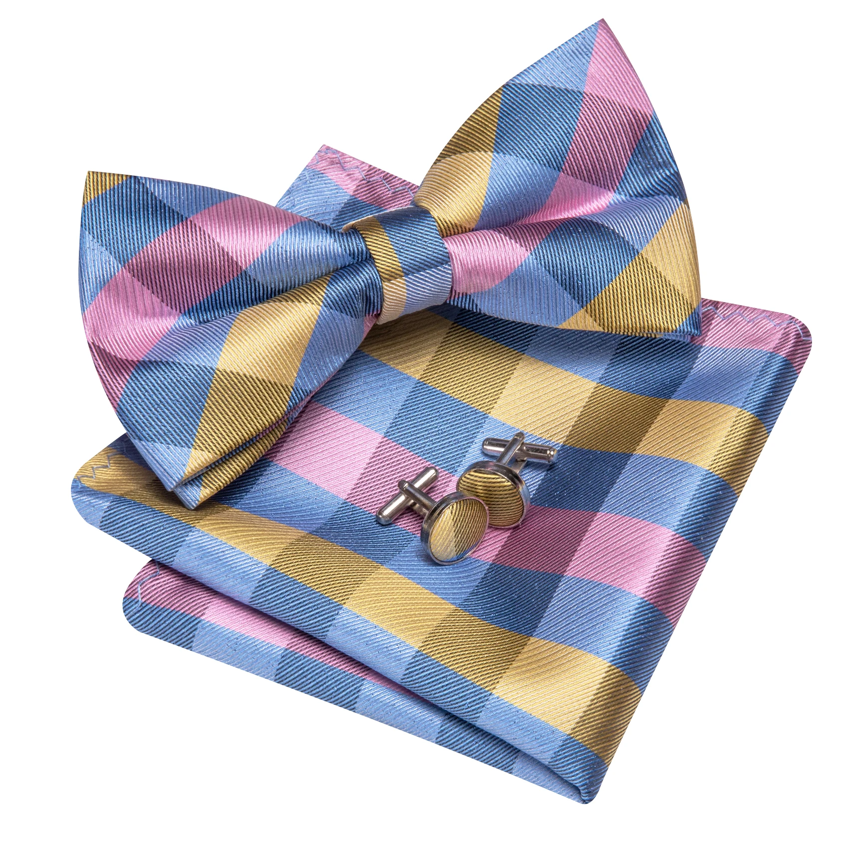 Barry.Wang Geometric Floral Jacquard Mens Bow Tie Hanky Cufflinks Set Pre-Tied Bowtie Gold Red Pink Purple Wedding Business