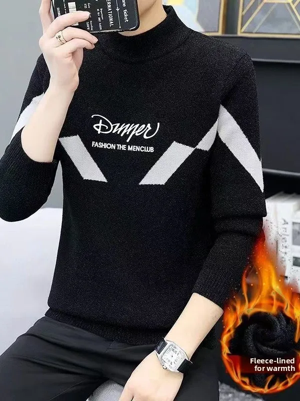 

Men's Thickened Fleece Lined Knitted Half High Collar Sweater Warm Youthful Style Long Sleeve Casual Winter Fashion Base Shirt