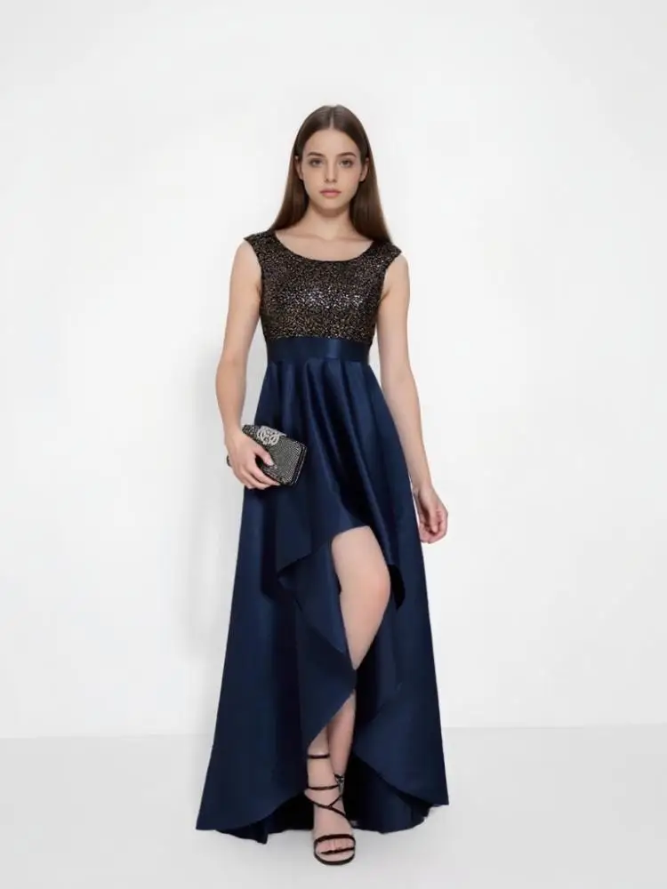 

Beshinel Индивидуальные вечерние платья с круглым вырезом и блестками без рукавов с асимметричным подолом, роскошные элегантные темно-синие атласные платья для выпускного вечера 2025