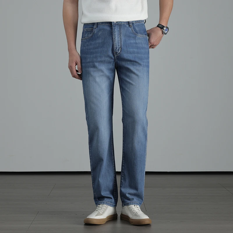 Men's lightweight denim jeans 2026 summer high quality business casual clothing cotton linen men's youth straight thin trousers