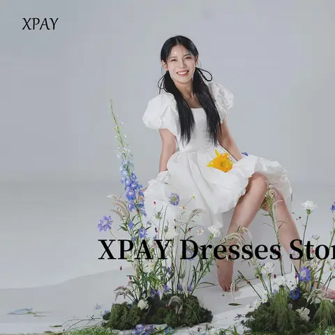 XPAY 퍼프 반팔 라인 미니 웨딩 파티 드레스 스퀘어 넥 태 피터 신부 가운 코르셋 백 맞춤형