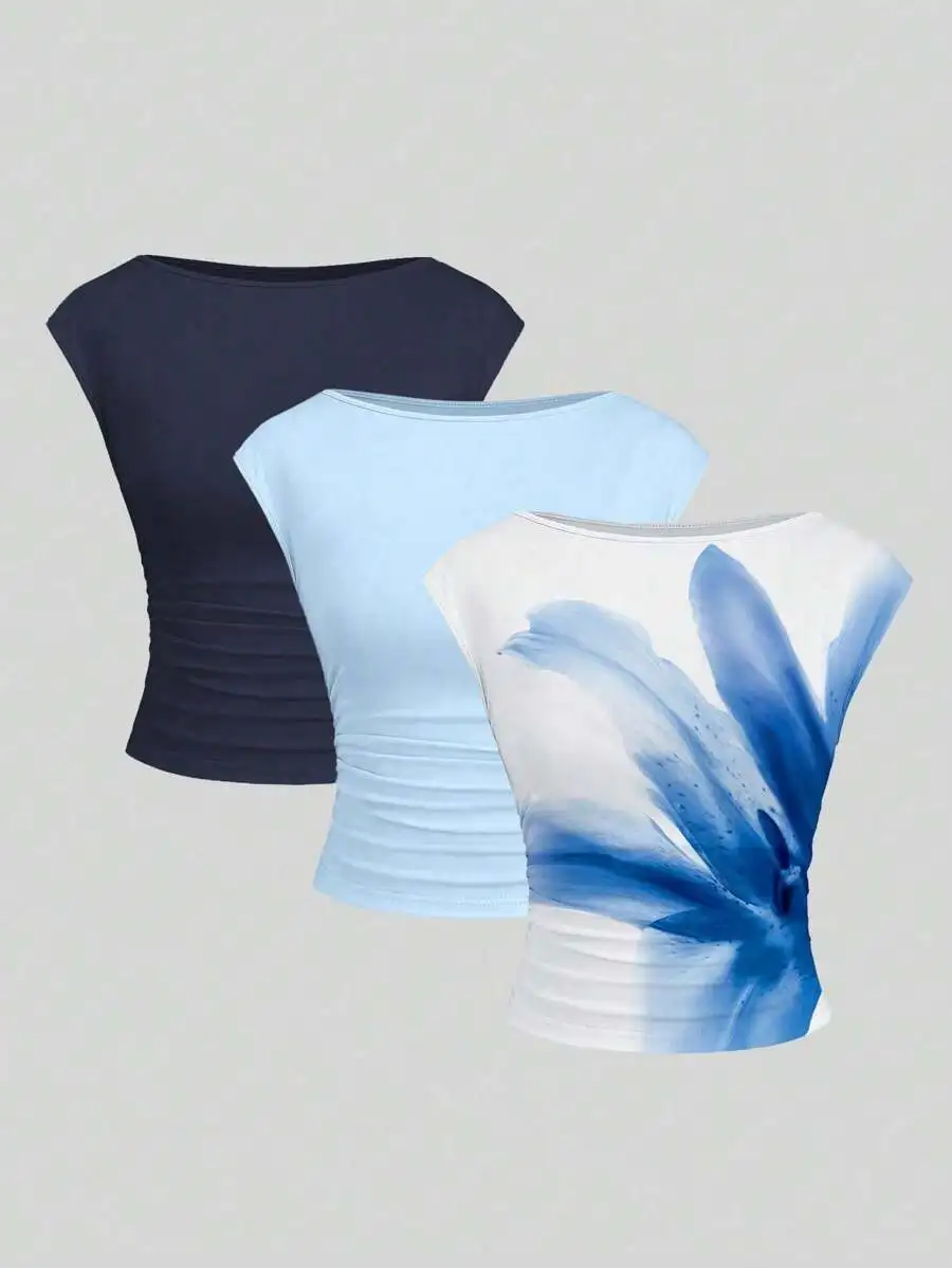 

3-Pack Women's Cap Sleeve Crop Tops - Solid & Floral Print, Breathable Stretch Fit