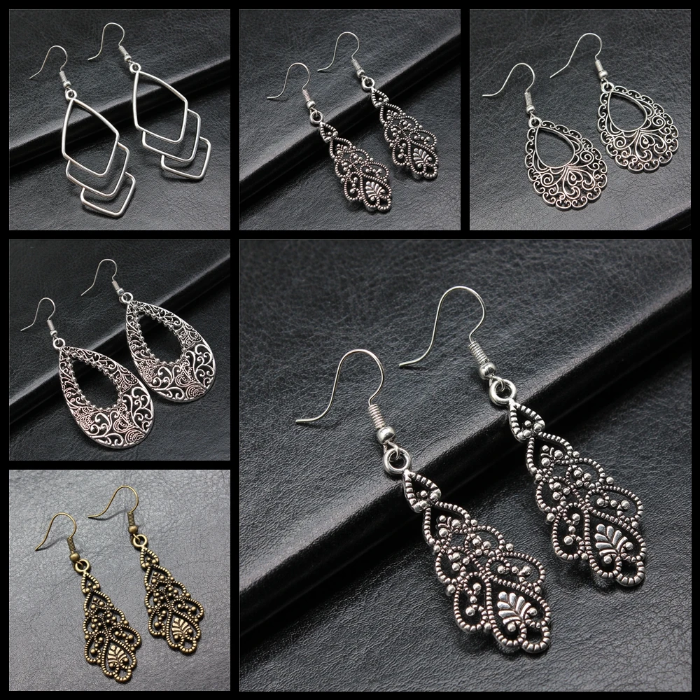 Bohemia Heart Shape Carved Flower Geometry Teardrop Antique Silver Color Drop Dangle Earring For Women Vintage Metal Earrings