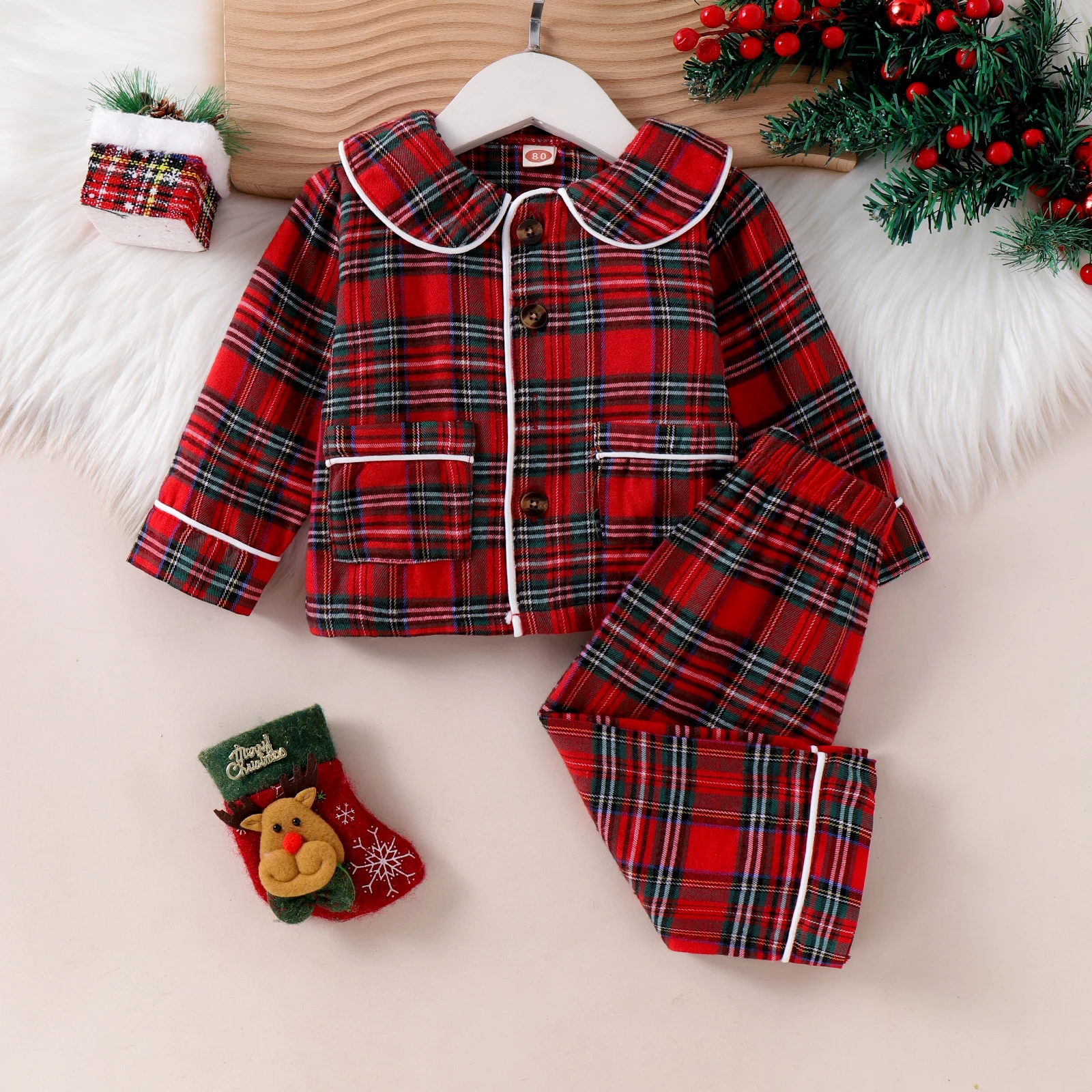 2PCS Autumn New Style For 1-3 Year Old Girls, Comfortable And Fashionable Doll Collar, Red Plaid Long-Sleeved Suit