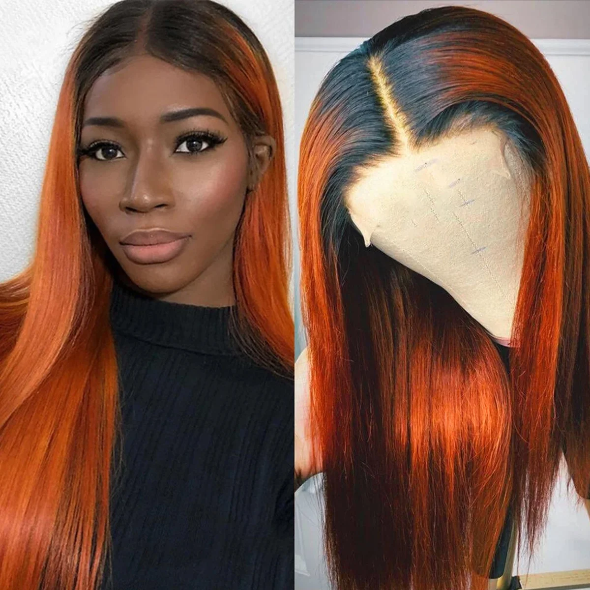 

Straight Hair 13x4 Lace Frontal Wig Human Hair 1B350 Orange Color (24 inch)180% Density Remy Hair Wig for Black Women