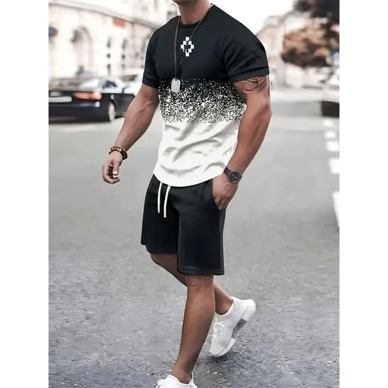 2025 New 3D Texture Men's Short Sleeves and Shorts Casual Summer Sportswear Flat Size Clothing Printed Suits