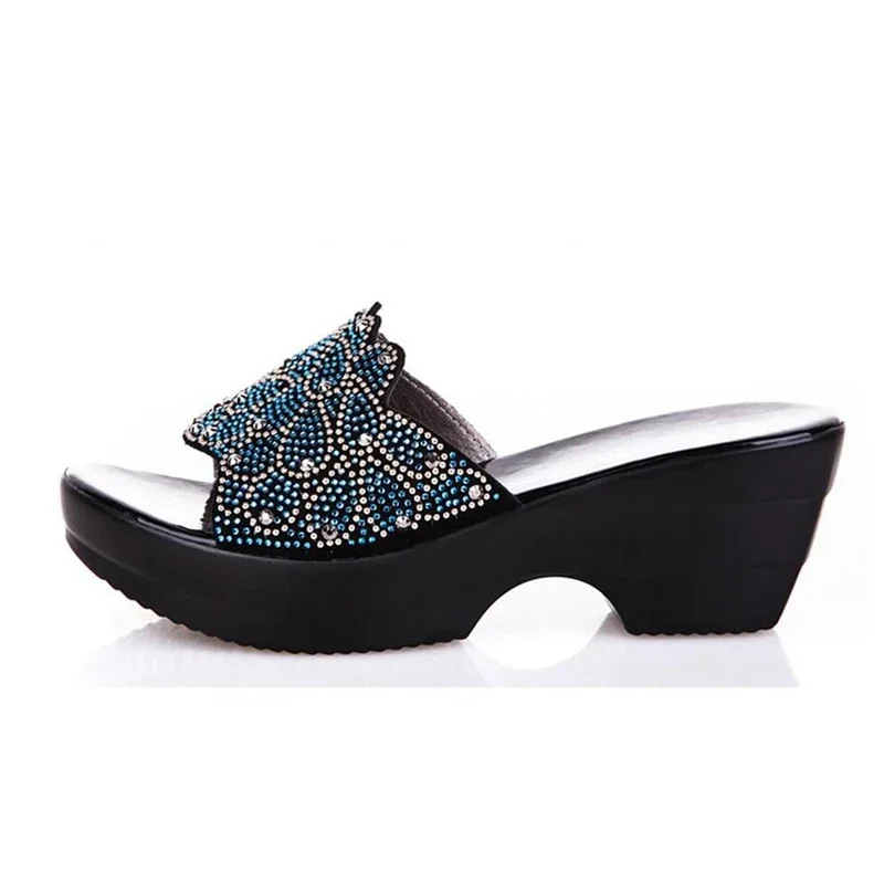 YAERNI New Summer Women Sandals Genuine Leather Shoes Rhinestones shoes Slippers Large Size Non-slip Fashion Sandals Women Shoes