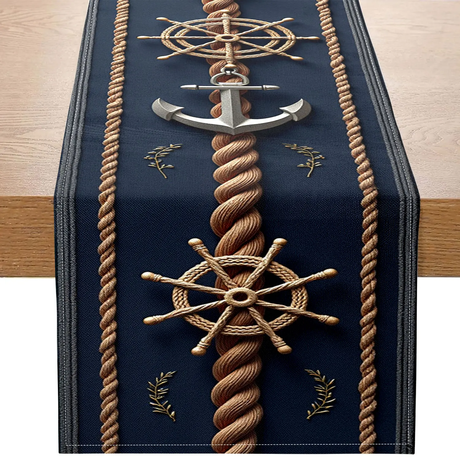 1 Piece of Ocean Theme Table Runner, Printed Anchor, Rudder, Cable and Seaweed Pattern, Suitable for Restaurant Decoration, Nautical Theme Party, Ocean Style Home Decoration