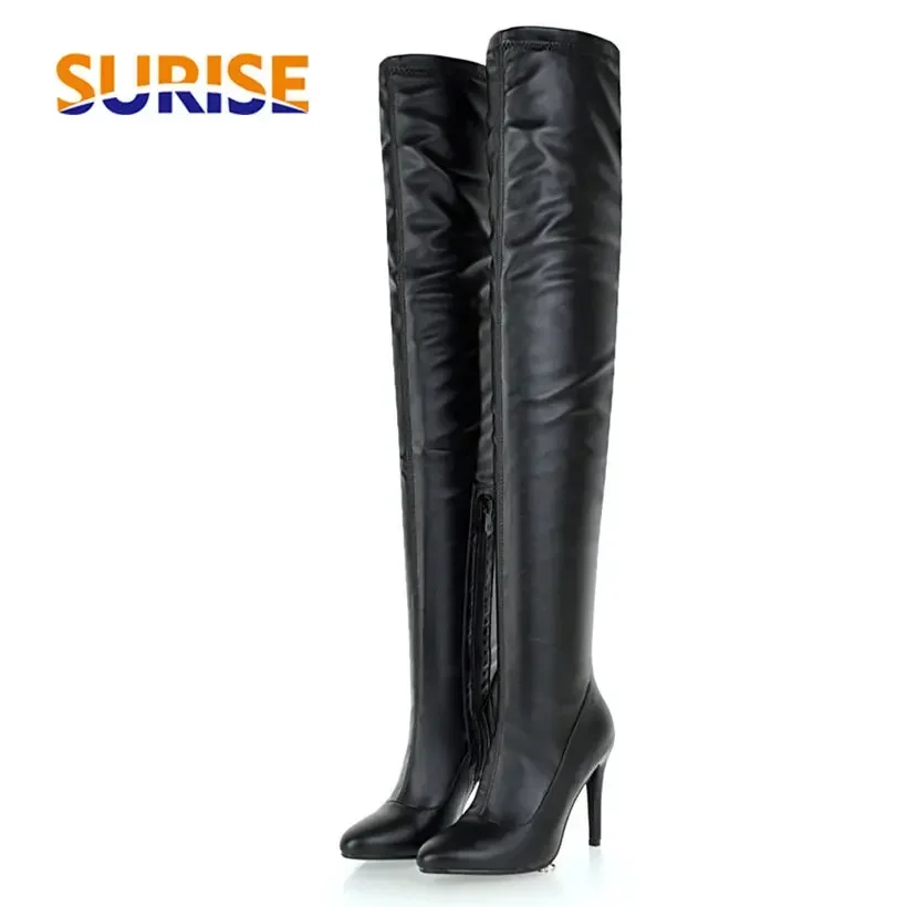 

Big Size Winter Women Stretch Thigh High Boots PU 10cm Thin Heel Sexy Ladies Club Party Black Pointed Toe Zipper Over Knee Boots