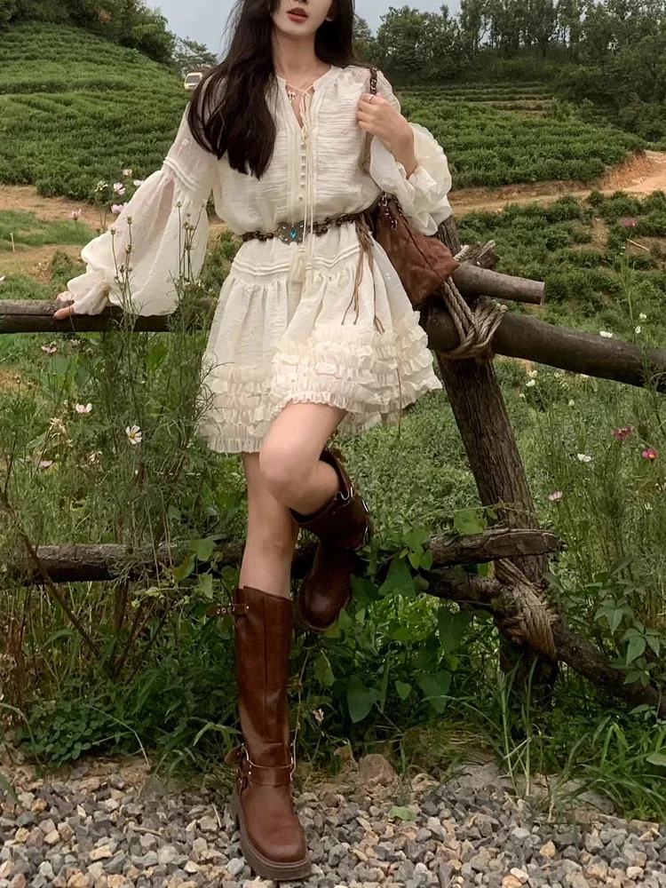 Autumn Korean Fashion Y2k Sweet Dress Women Elegant Vintage Solid One Piece Dresses Design Long Sleeve Party Retro Clothing 2024