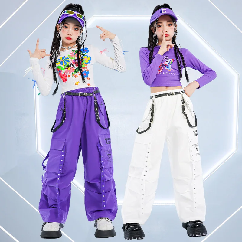 Mädchen Hip Hop K-Pop Crop Hoodies Street Dance Cargo Hosen Kinder Streetwear Tiered Röcke für Kind Jazz Lila Kostüm Sets